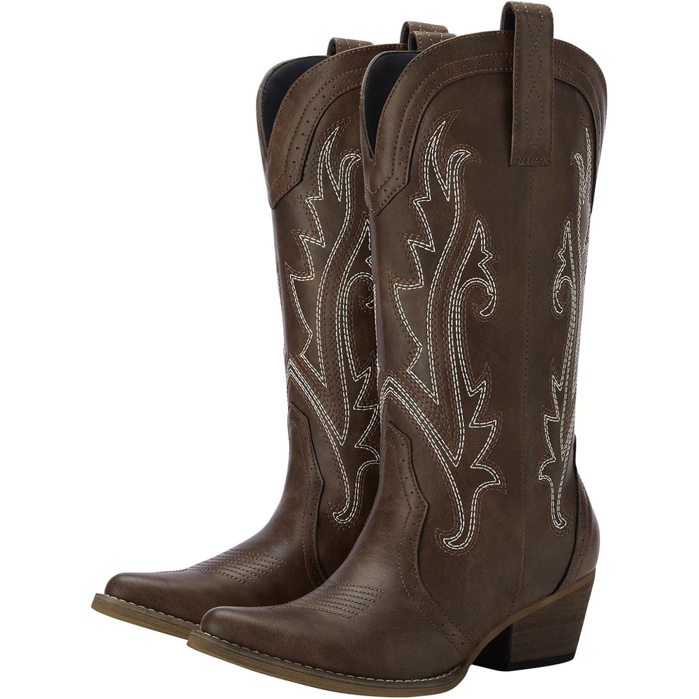 image:imageHISEA Rollda Cowboy Boots for Women Cowgirl Boots Comfortable Western Boots with Pointed Toe Stitched Embroidery for Country Concert Dancing Wedding Traveling Daily OutfitsDark Brown
