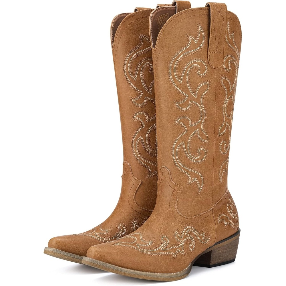 image:imageHISEA Rollda Cowboy Boots for Women Western Cowgirl Boots with Chunky Heel Ladies Snip Toe MidCalf BootsBrown