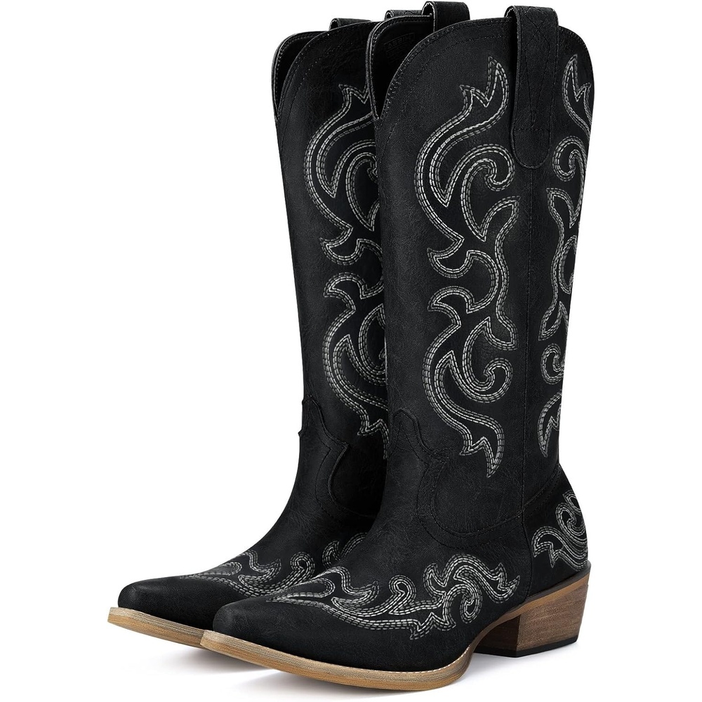 image:imageHISEA Rollda Cowboy Boots for Women Western Cowgirl Boots with Chunky Heel Ladies Snip Toe MidCalf BootsMetal Black