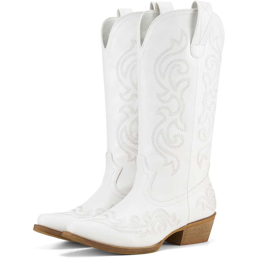 image:imageHISEA Rollda Cowboy Boots for Women Western Cowgirl Boots with Chunky Heel Ladies Snip Toe MidCalf BootsWhite