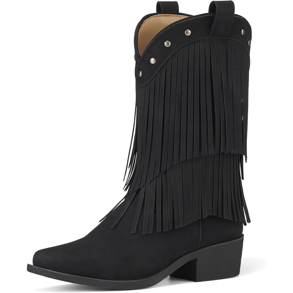 image:imageRollda Girls Cowboy Boots with Tassel Fringe Cowgirl Boots Snip Toe TPR Outsole Kids Western Boots Stylish amp Comfortable for AllSeasons ToddlerLittle KidBig KidBlack