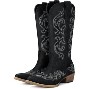 image:imageHISEA Rollda Cowboy Boots for Women Western Cowgirl Boots with Chunky Heel Ladies Snip Toe MidCalf BootsMetal Black