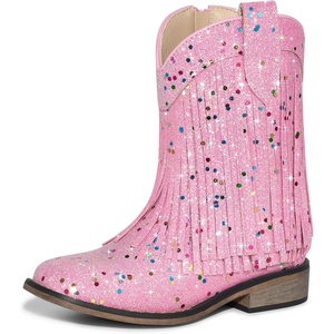 image:imageRollda Fringe Cowgirl Boots Glitter Cowboy Boots for Girls Square Toe Kids Sparkle Boots for Birthday Wedding Party ToddlerLittle KidBig KidPink