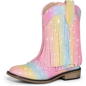 image:imageRollda Fringe Cowgirl Boots Glitter Cowboy Boots for Girls Square Toe Kids Sparkle Boots for Birthday Wedding Party ToddlerLittle KidBig KidRainbow