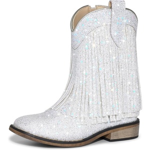 image:imageRollda Fringe Cowgirl Boots Glitter Cowboy Boots for Girls Square Toe Kids Sparkle Boots for Birthday Wedding Party ToddlerLittle KidBig KidSilver