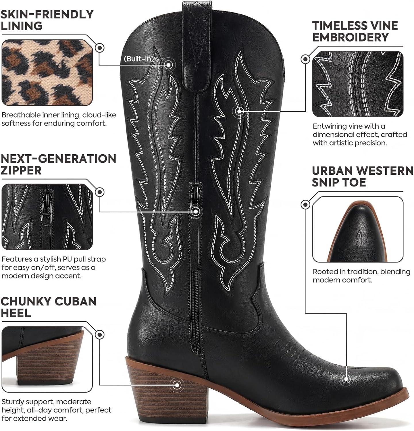 image:imageRollda Cowboy Boots for Women Cowgirl Boots Mid Calf Ladies Western Boots with Side Zipper Snip Toe Chunky Heel Pull OnBlack