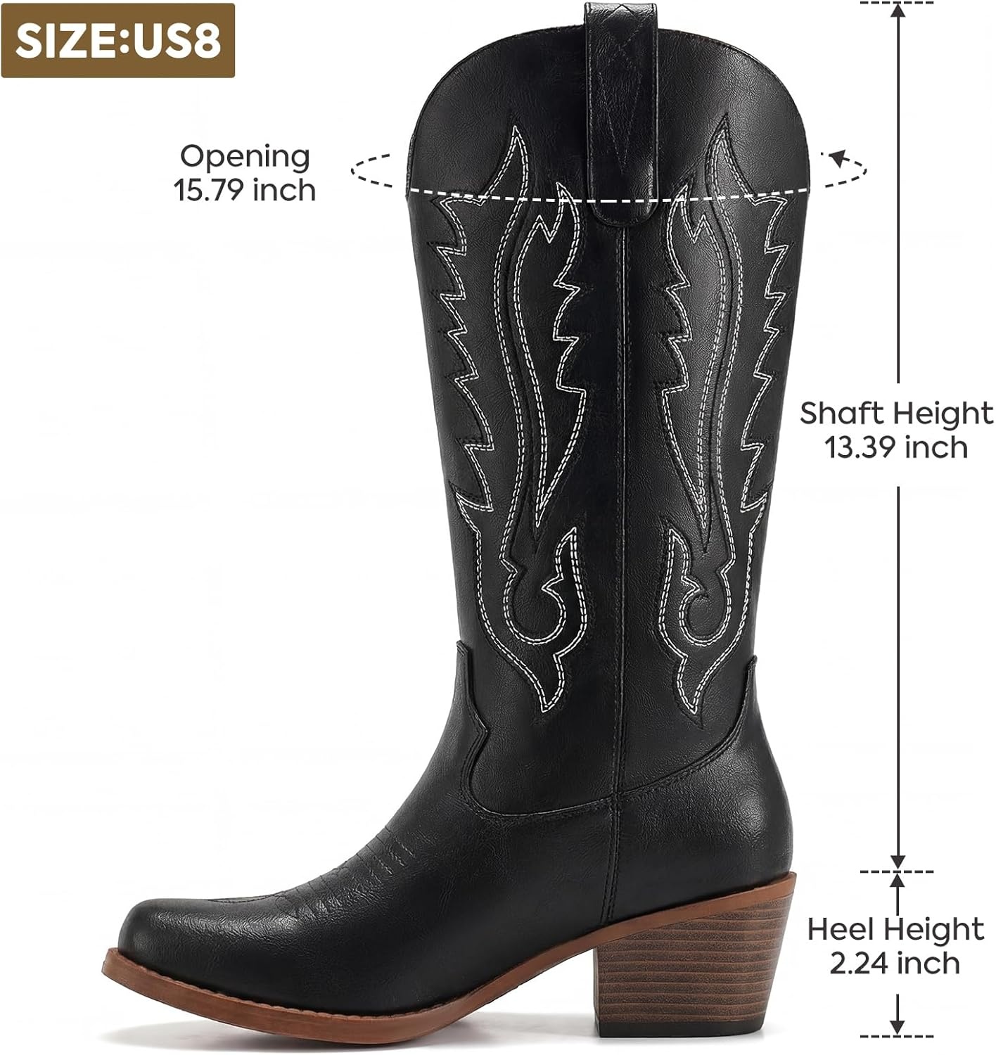 image:imageRollda Cowboy Boots for Women Cowgirl Boots Mid Calf Ladies Western Boots with Side Zipper Snip Toe Chunky Heel Pull OnBlack