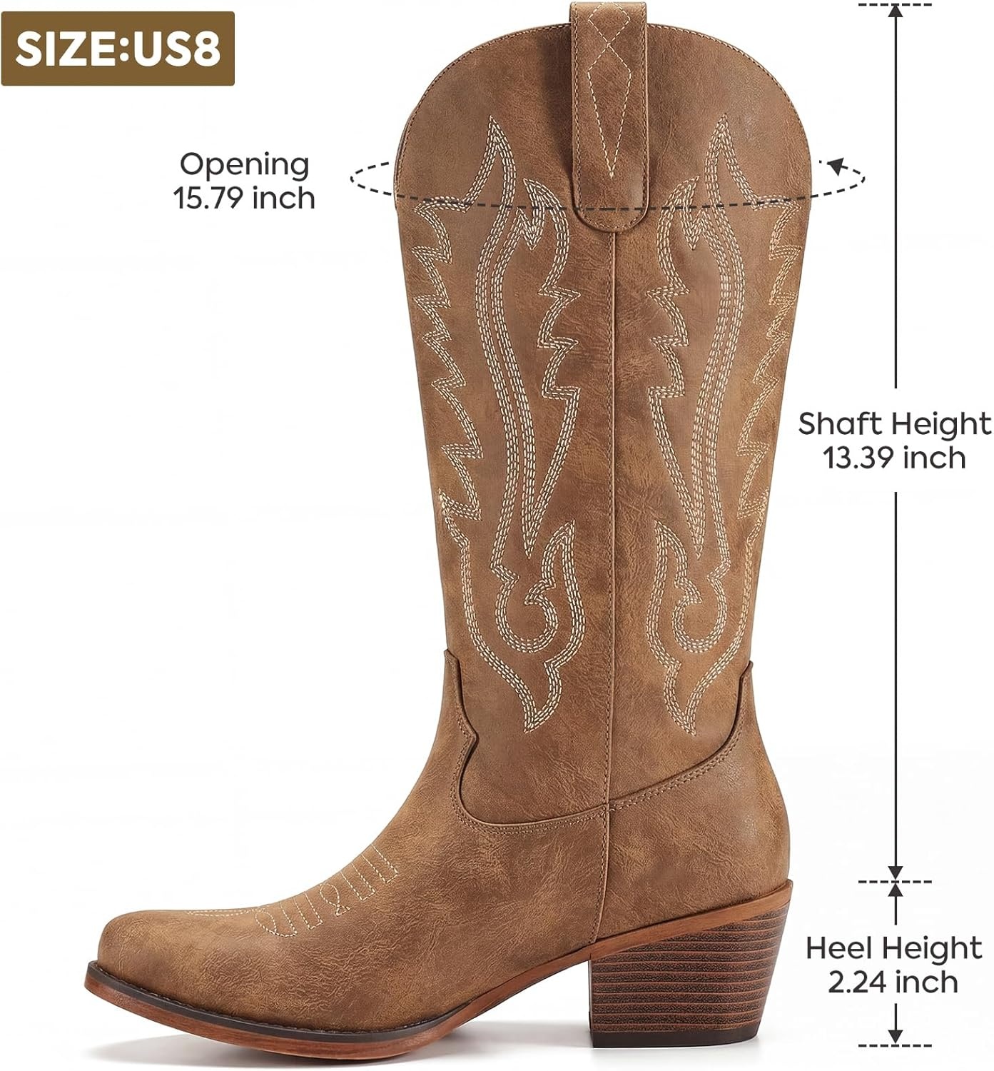 image:imageRollda Cowboy Boots for Women Cowgirl Boots Mid Calf Ladies Western Boots with Side Zipper Snip Toe Chunky Heel Pull OnBrown