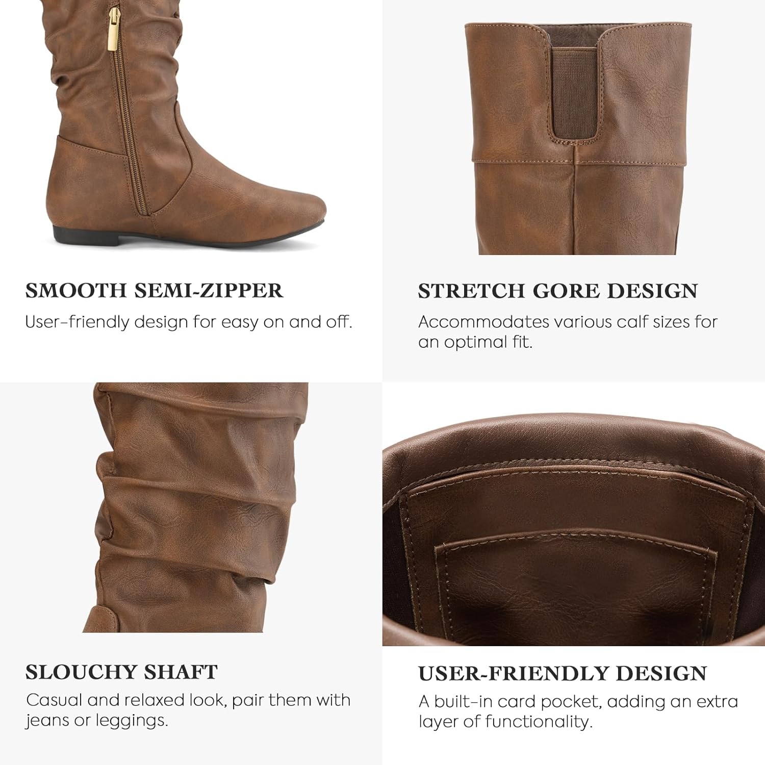 image:imageRollda SUEDI Womens Slouchy Knee High Boots Pull On Flat Boots Side Zipper Fall Boots for WomenDark Brown Slouch