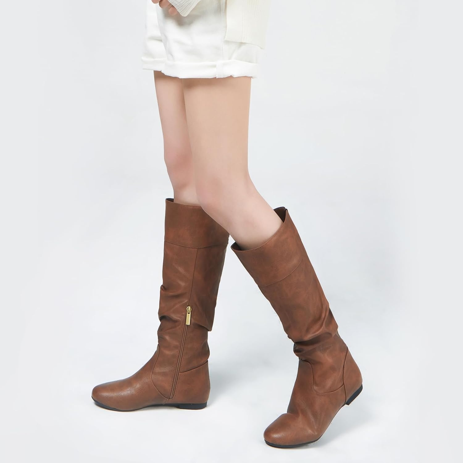 image:imageRollda SUEDI Womens Slouchy Knee High Boots Pull On Flat Boots Side Zipper Fall Boots for WomenDark Brown Slouch