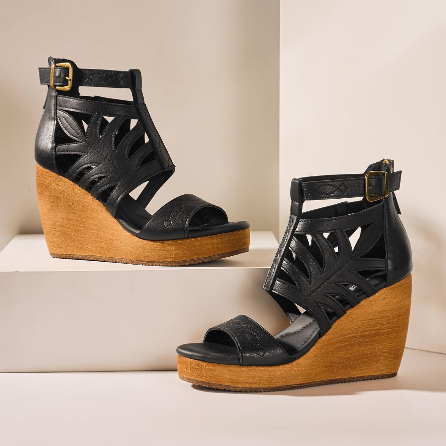 image:imageRollda Womens Wedge Sandals Platform Sandals High Heels for Women Fashion Dressy Casual Sandals Comfortable Open Toe Summer Shoes with Back Zipper Design Adjustable Ankle StrapBlack