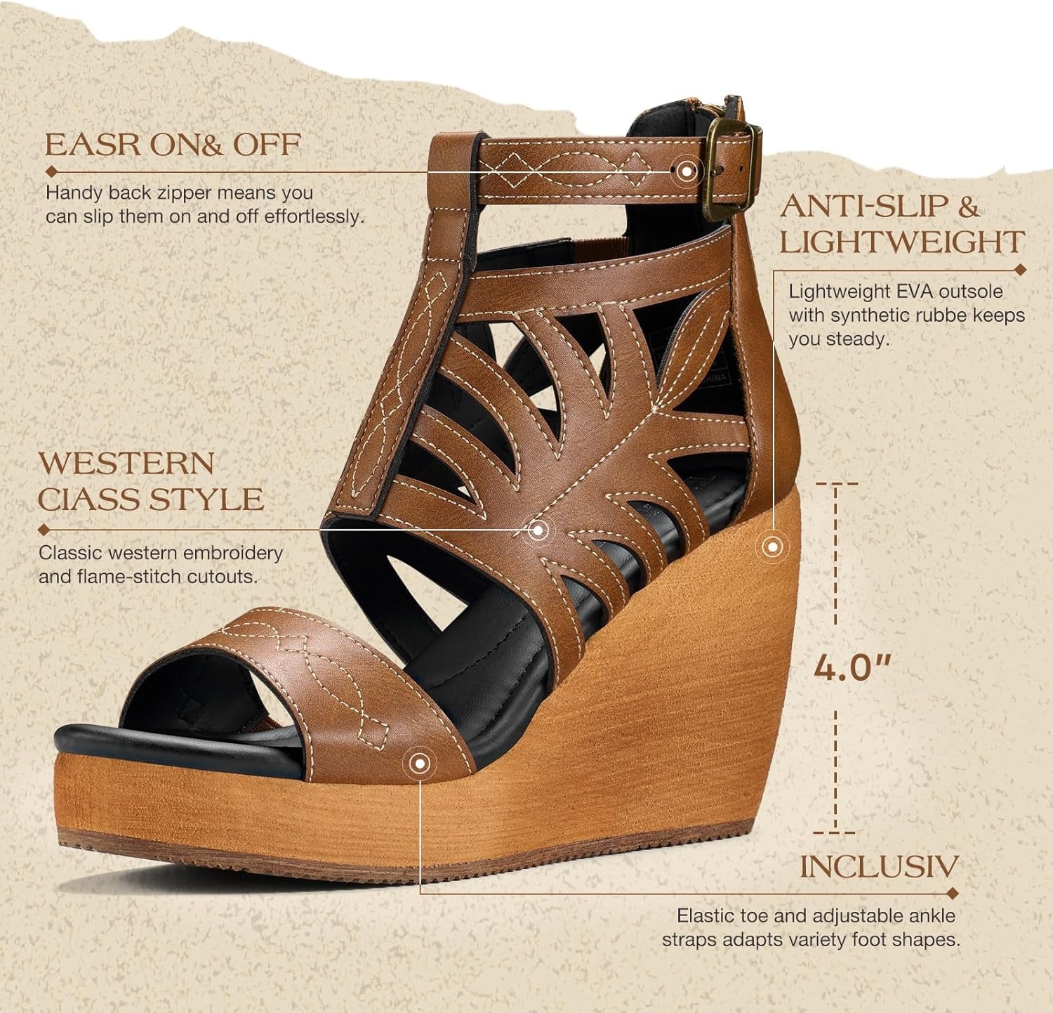 image:imageRollda Womens Wedge Sandals Platform Sandals High Heels for Women Fashion Dressy Casual Sandals Comfortable Open Toe Summer Shoes with Back Zipper Design Adjustable Ankle StrapBrown