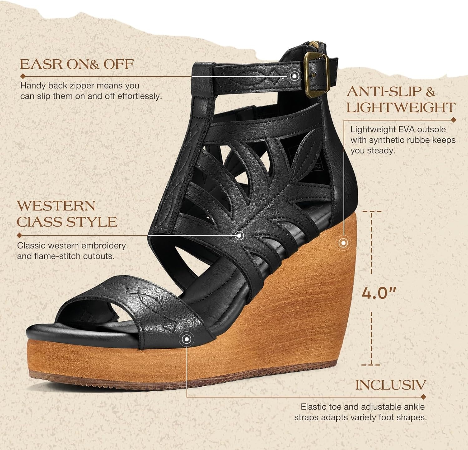 image:imageRollda Womens Wedge Sandals Platform Sandals High Heels for Women Fashion Dressy Casual Sandals Comfortable Open Toe Summer Shoes with Back Zipper Design Adjustable Ankle StrapBlack