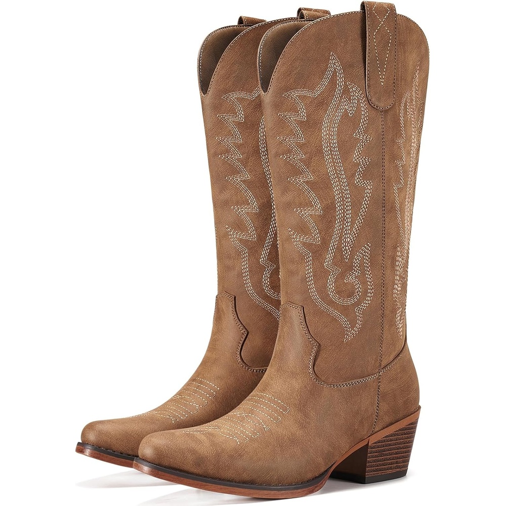 image:imageRollda Cowboy Boots for Women Cowgirl Boots Mid Calf Ladies Western Boots with Side Zipper Snip Toe Chunky Heel Pull OnBrown