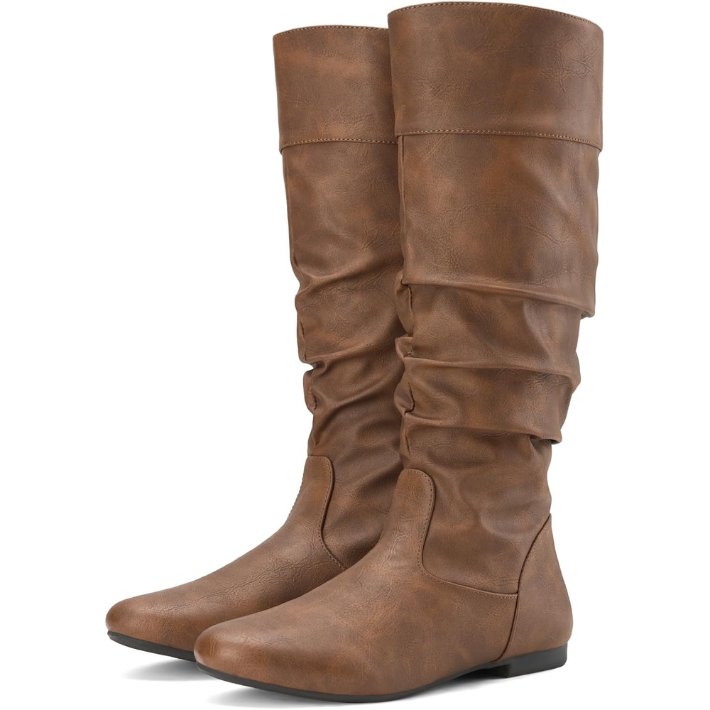image:imageRollda SUEDI Womens Slouchy Knee High Boots Pull On Flat Boots Side Zipper Fall Boots for WomenDark Brown Slouch