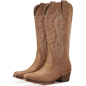image:imageRollda Cowboy Boots for Women Cowgirl Boots Mid Calf Ladies Western Boots with Side Zipper Snip Toe Chunky Heel Pull OnBrown