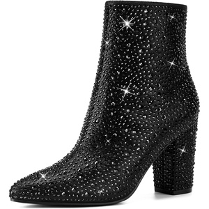 image:imageRollda SUEDI Rhinestone Boots for Women Sparkly Ankle Booties with Pointed Toe Ladies Block Chunky Heel Glitter BootsBlack
