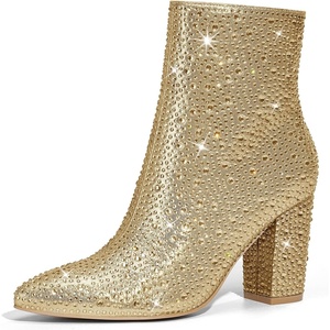 image:imageRollda SUEDI Rhinestone Boots for Women Sparkly Ankle Booties with Pointed Toe Ladies Block Chunky Heel Glitter BootsGold
