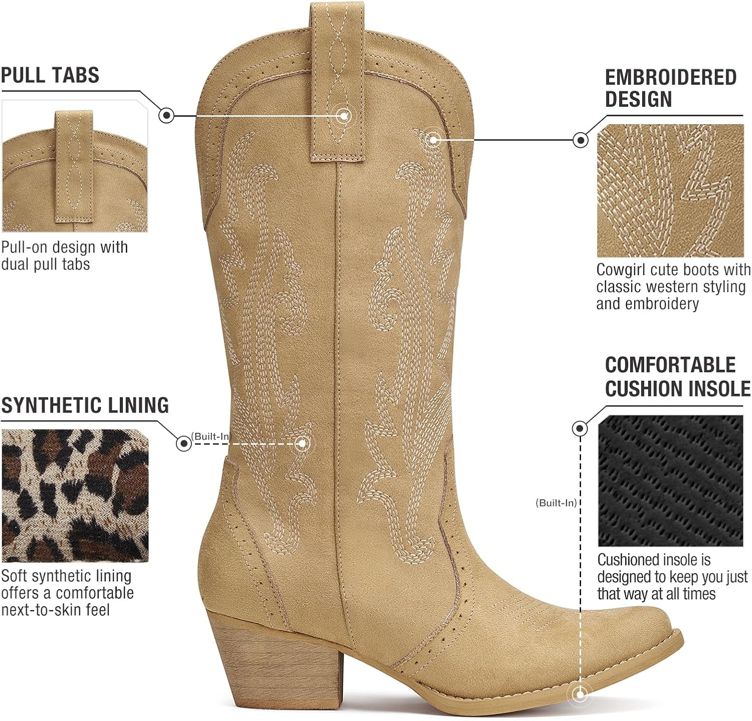 image:imageHISEA Rollda Cowboy Boots for Women Cowgirl Boots Comfortable Western Boots with Pointed Toe Stitched Embroidery for Country Concert Dancing Wedding Traveling Daily OutfitsBrown Suede