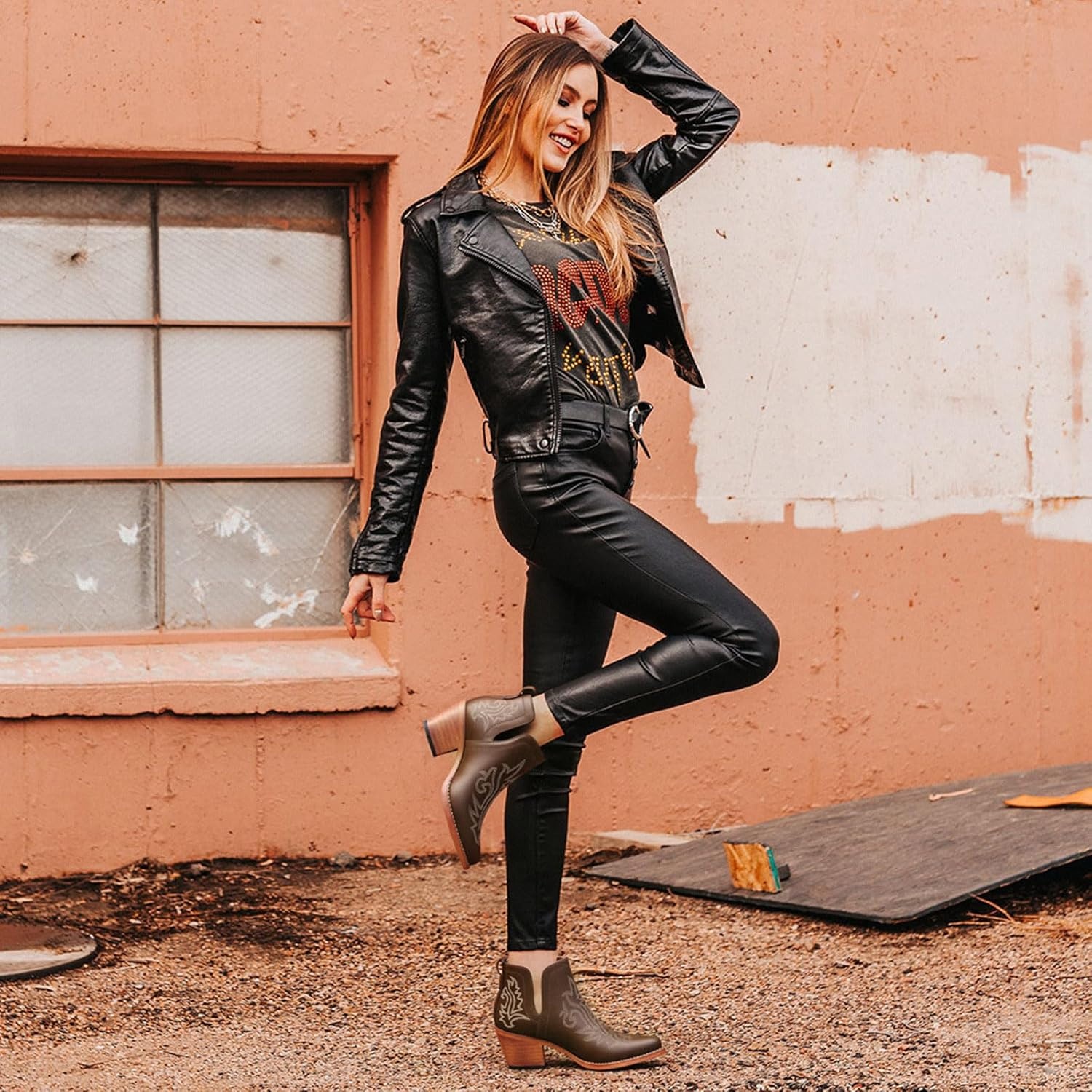 image:imageRollda Cowboy Ankle Booties for Women Cowgirl Short Boots with Chunky Stack Heels V Cutout Ladies Western Booties for Cowboy Chic StyleBronze