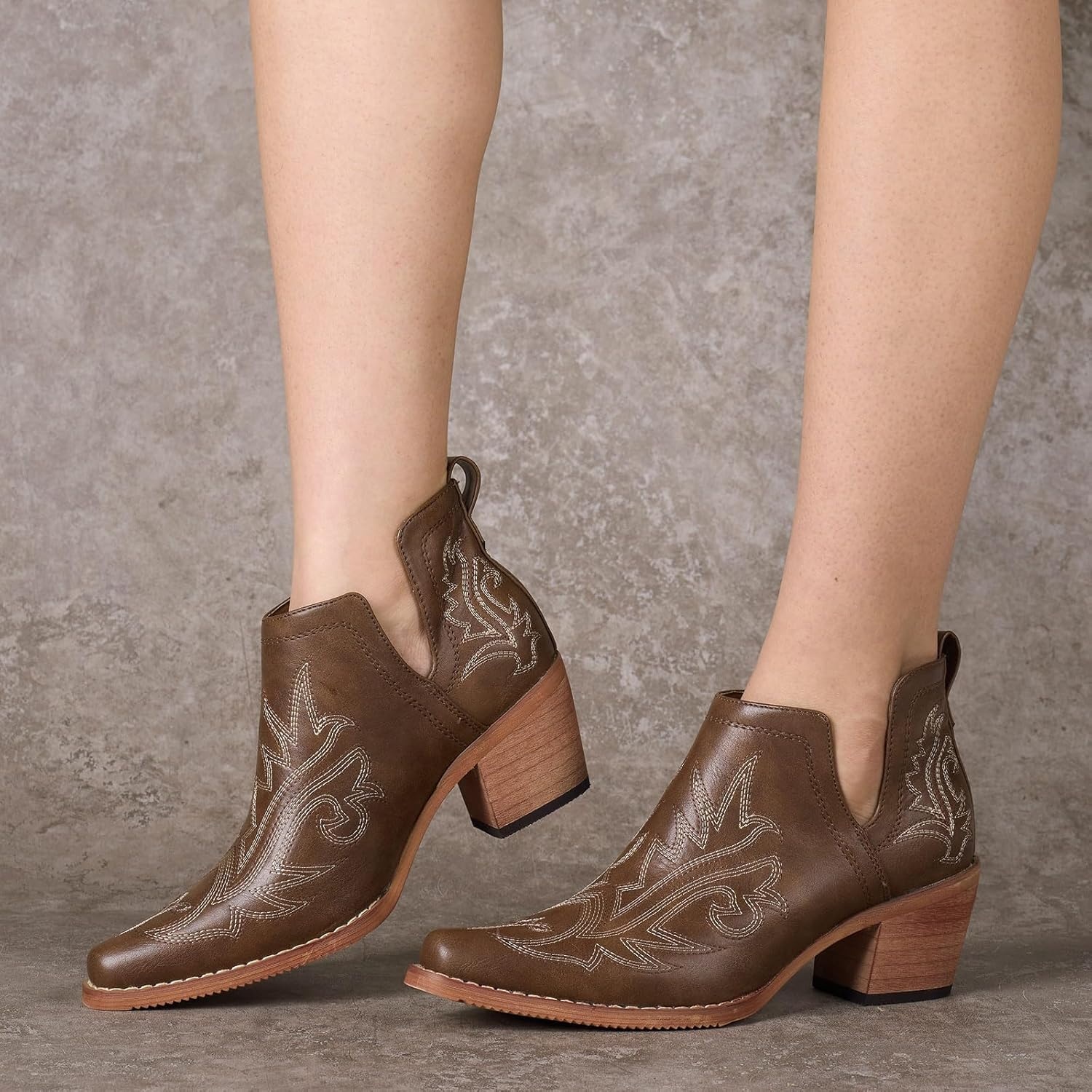 image:imageRollda Cowboy Ankle Booties for Women Cowgirl Short Boots with Chunky Stack Heels V Cutout Ladies Western Booties for Cowboy Chic StyleBronze