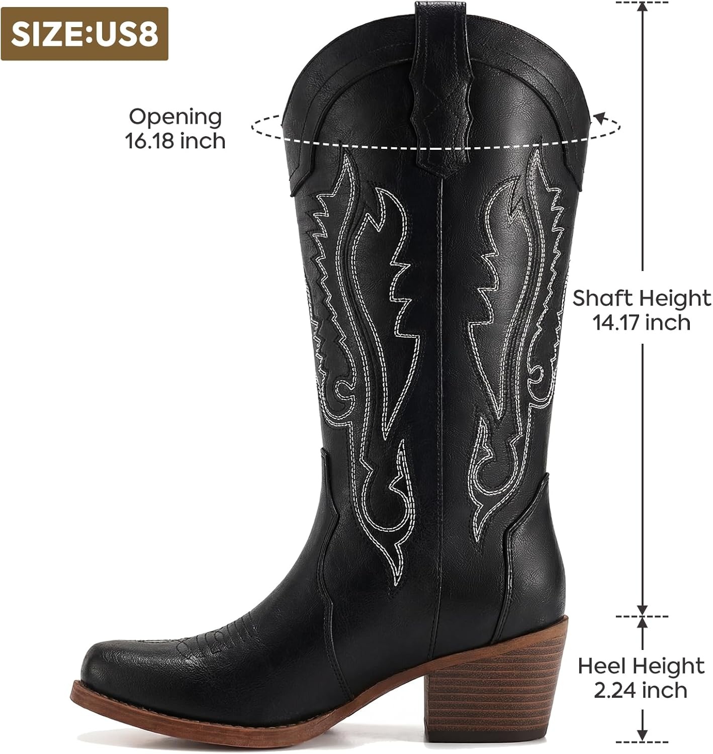 image:imageRollda Cowboy Boots for Women Cowgirl Boots Mid Calf Womens Western Boots Snip Toe with Chunky Heel for Ladies Pull On Side ZipperBlack