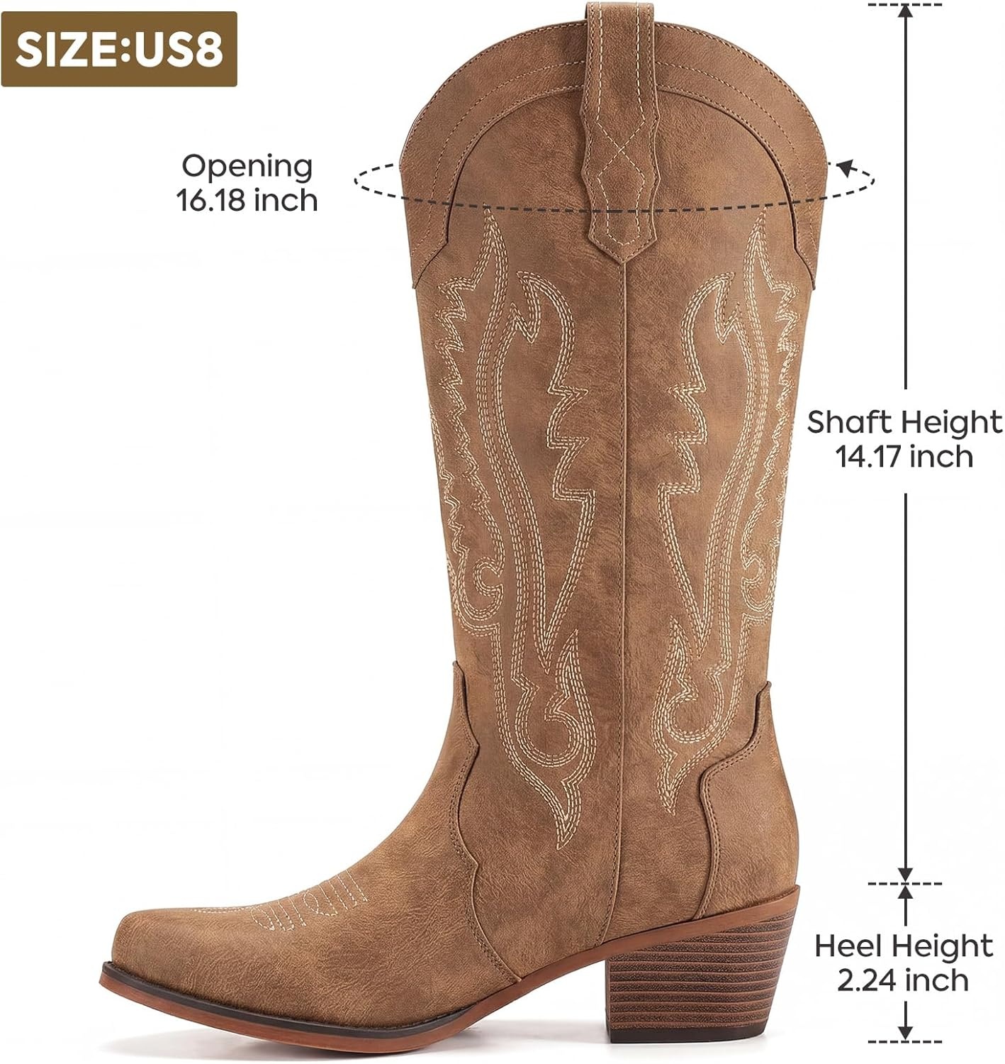 image:imageRollda Cowboy Boots for Women Cowgirl Boots Mid Calf Womens Western Boots Snip Toe with Chunky Heel for Ladies Pull On Side ZipperBrown