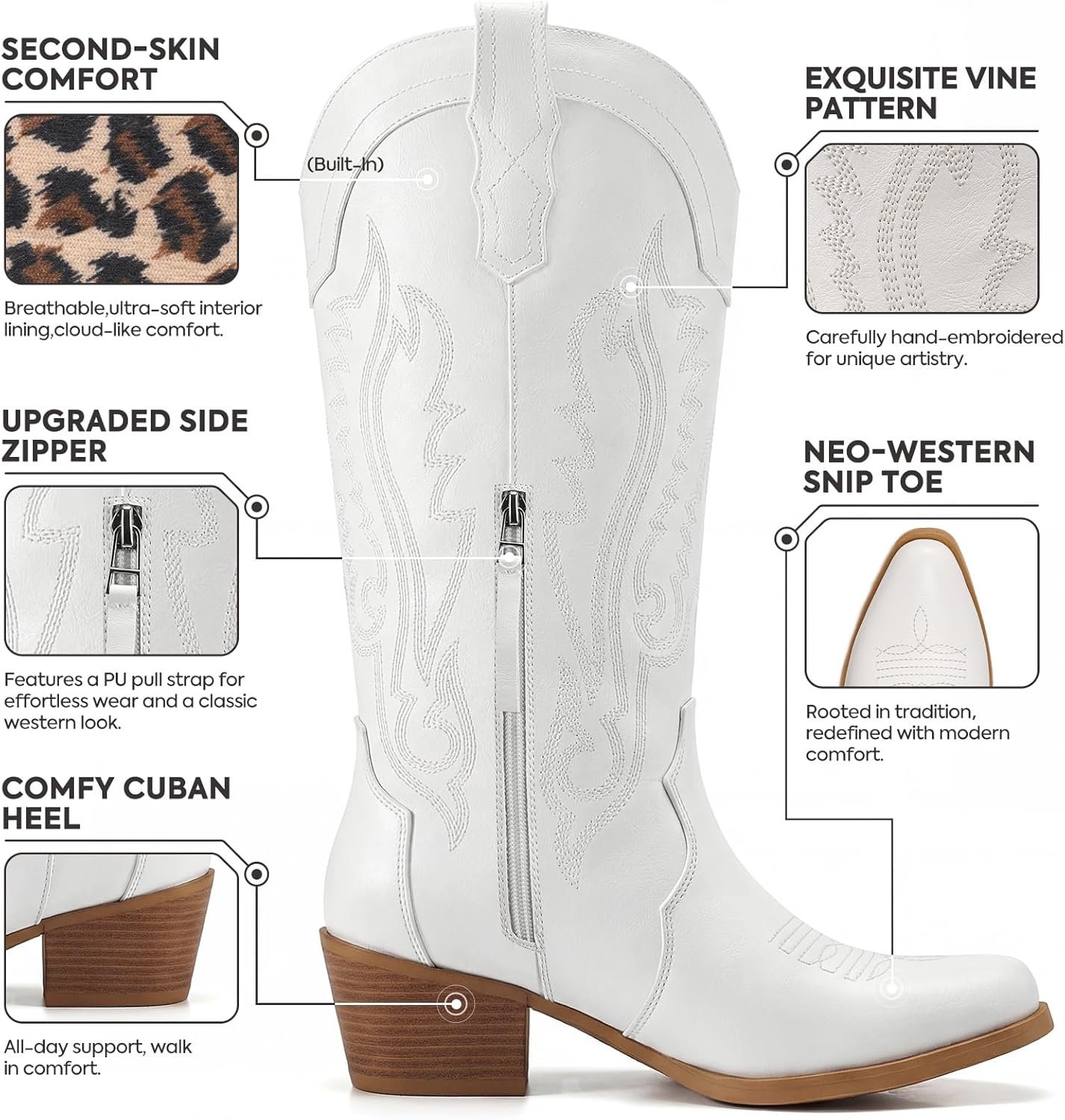 image:imageRollda Cowboy Boots for Women Cowgirl Boots Mid Calf Womens Western Boots Snip Toe with Chunky Heel for Ladies Pull On Side ZipperWhite