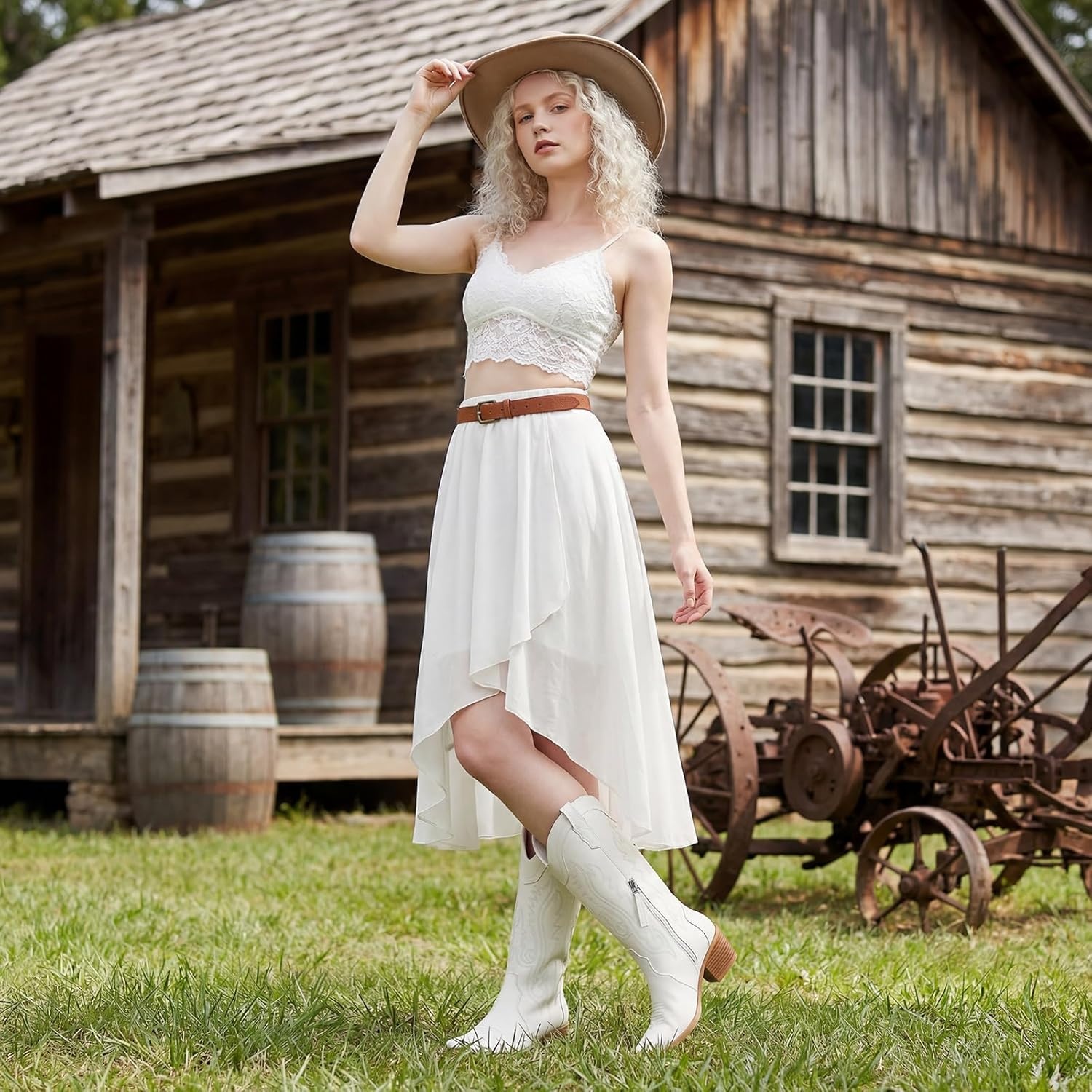 image:imageRollda Cowboy Boots for Women Cowgirl Boots Mid Calf Womens Western Boots Snip Toe with Chunky Heel for Ladies Pull On Side ZipperWhite
