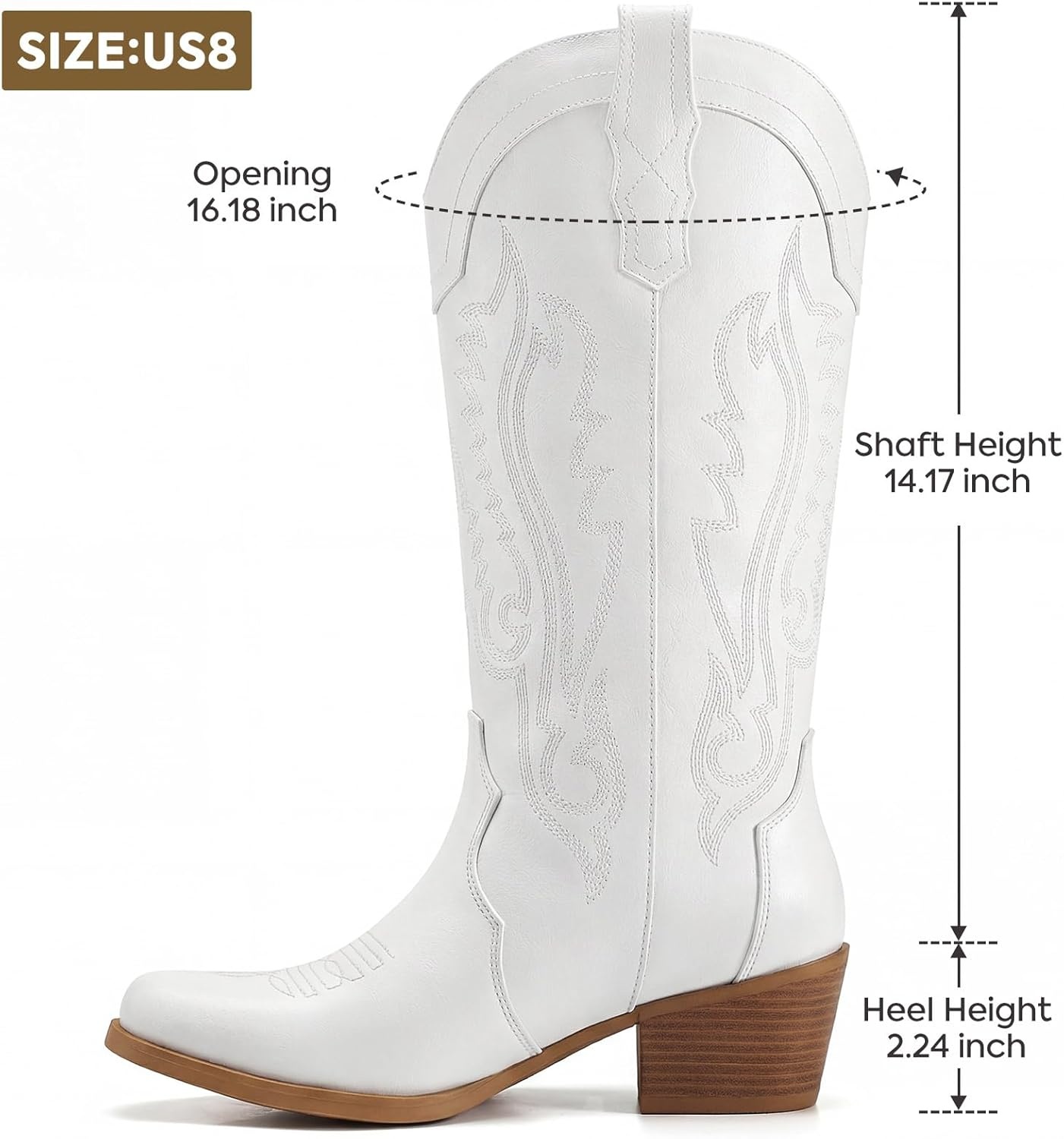 image:imageRollda Cowboy Boots for Women Cowgirl Boots Mid Calf Womens Western Boots Snip Toe with Chunky Heel for Ladies Pull On Side ZipperWhite