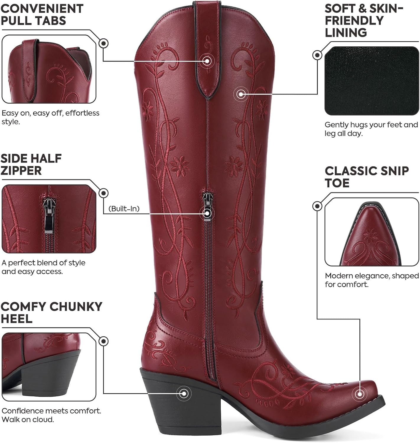 image:imageRollda Cowboy Boots for Women Knee High Cowgirl Boots Ladies Tall Western Boots Retro Vintage Cowgirl Boots with Half Side Zipper Snip Toe Chunky HeelRed