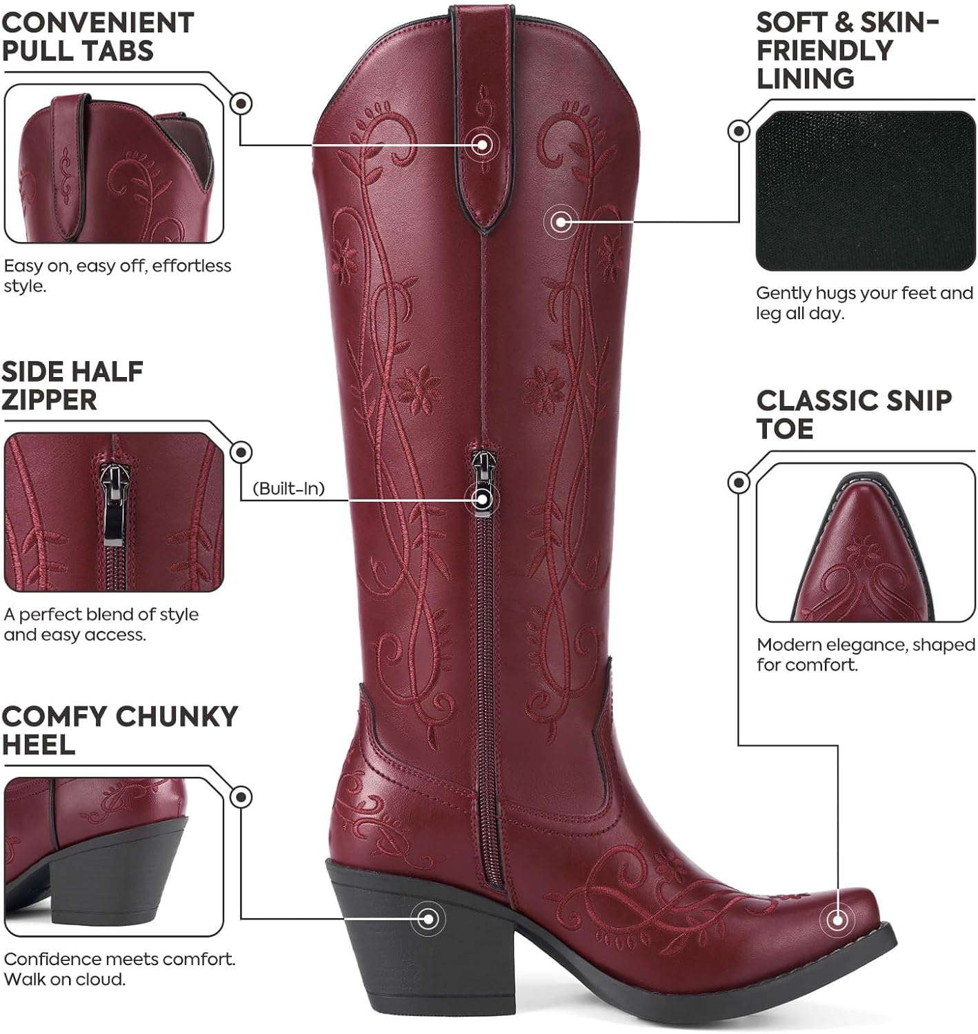 image:imageRollda Cowboy Boots for Women Knee High Cowgirl Boots Ladies Tall Western Boots Retro Vintage Cowgirl Boots with Half Side Zipper Snip Toe Chunky Heel Red