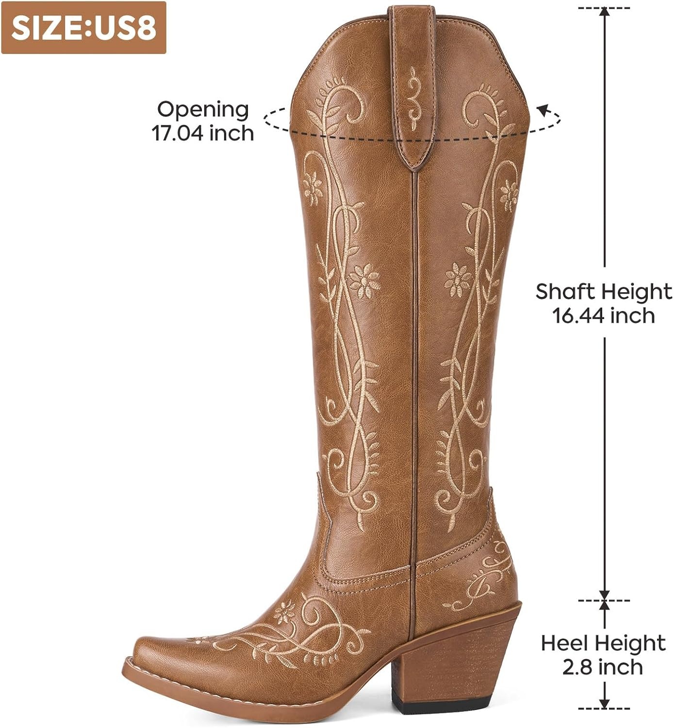 image:imageRollda Cowboy Boots for Women Knee High Cowgirl Boots Ladies Tall Western Boots Retro Vintage Cowgirl Boots with Half Side Zipper Snip Toe Chunky HeelBrown 2