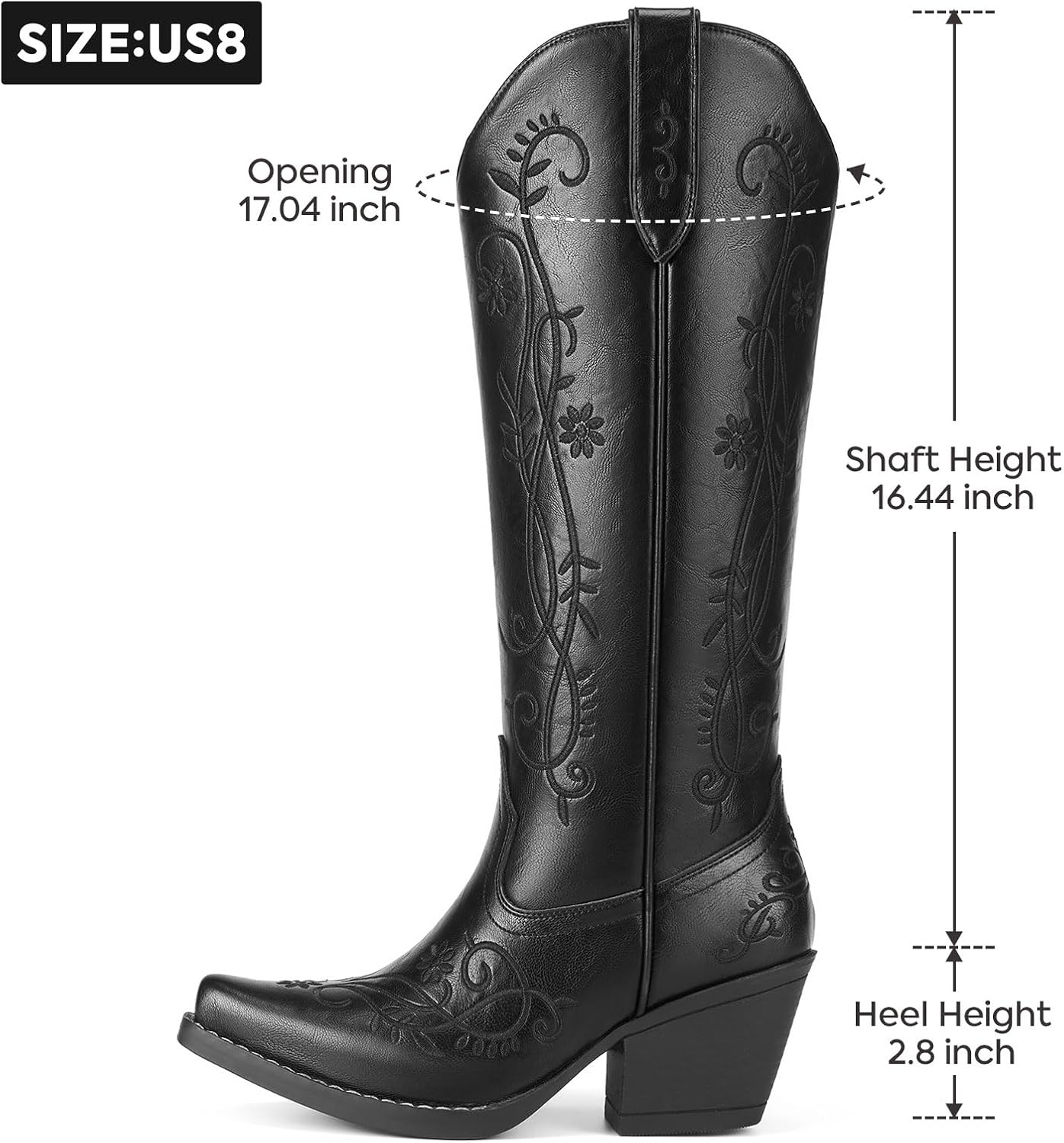 image:imageRollda Cowboy Boots for Women Knee High Cowgirl Boots Ladies Tall Western Boots Retro Vintage Cowgirl Boots with Half Side Zipper Snip Toe Chunky HeelBlack