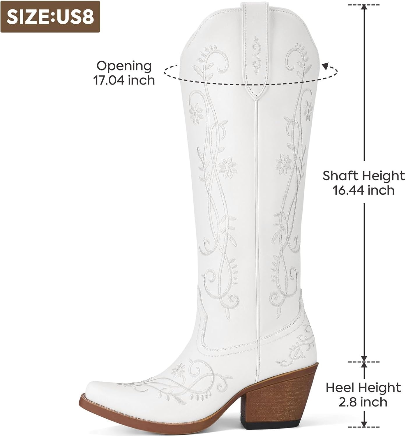 image:imageRollda Cowboy Boots for Women Knee High Cowgirl Boots Ladies Tall Western Boots Retro Vintage Cowgirl Boots with Half Side Zipper Snip Toe Chunky HeelWhite