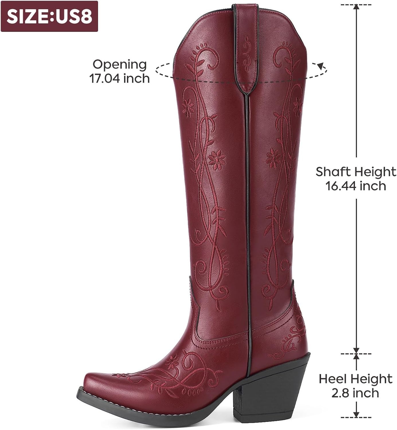 image:imageRollda Cowboy Boots for Women Knee High Cowgirl Boots Ladies Tall Western Boots Retro Vintage Cowgirl Boots with Half Side Zipper Snip Toe Chunky Heel Red