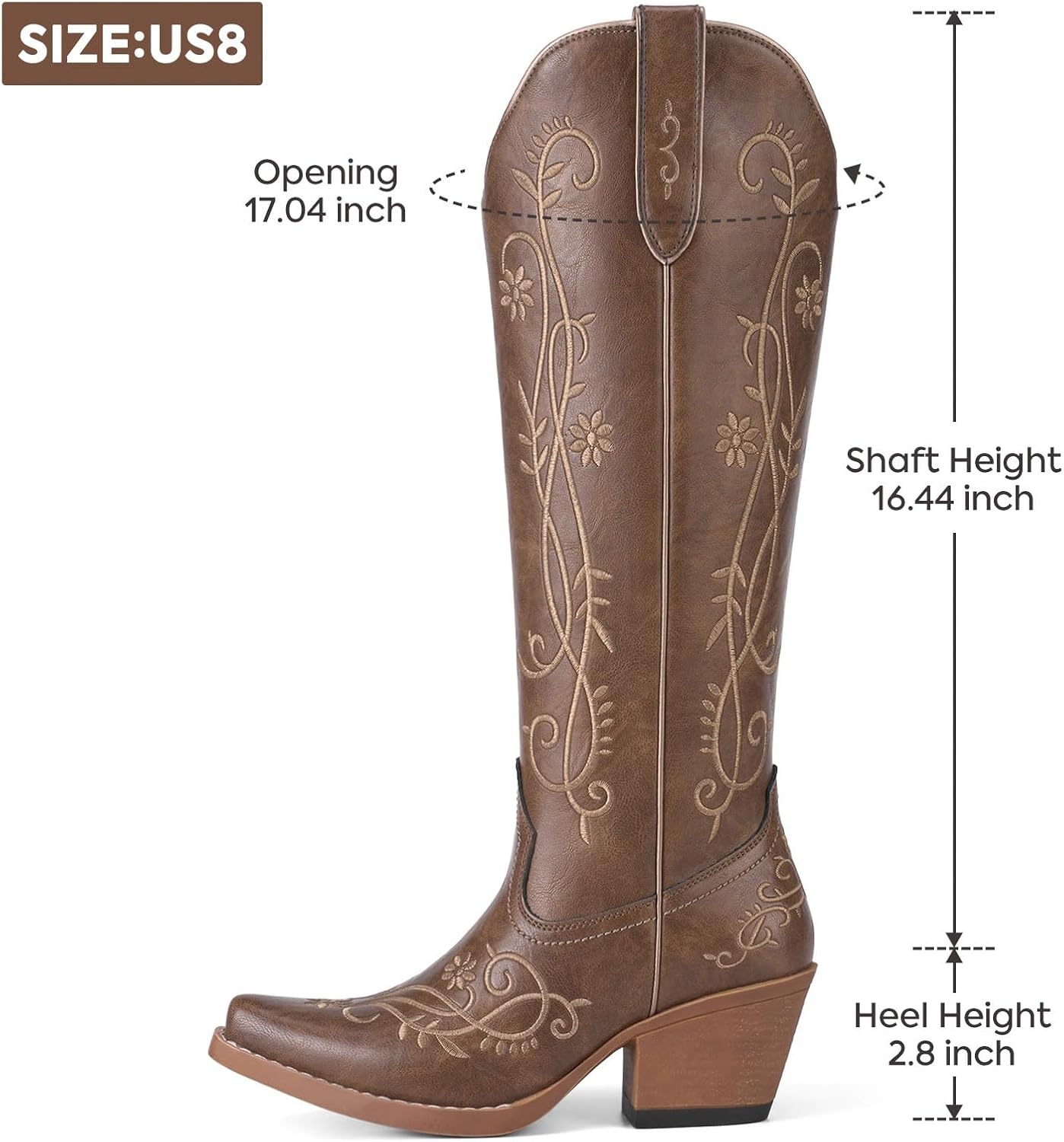 image:imageRollda Cowboy Boots for Women Knee High Cowgirl Boots Ladies Tall Western Boots Retro Vintage Cowgirl Boots with Half Side Zipper Snip Toe Chunky HeelBrown 1