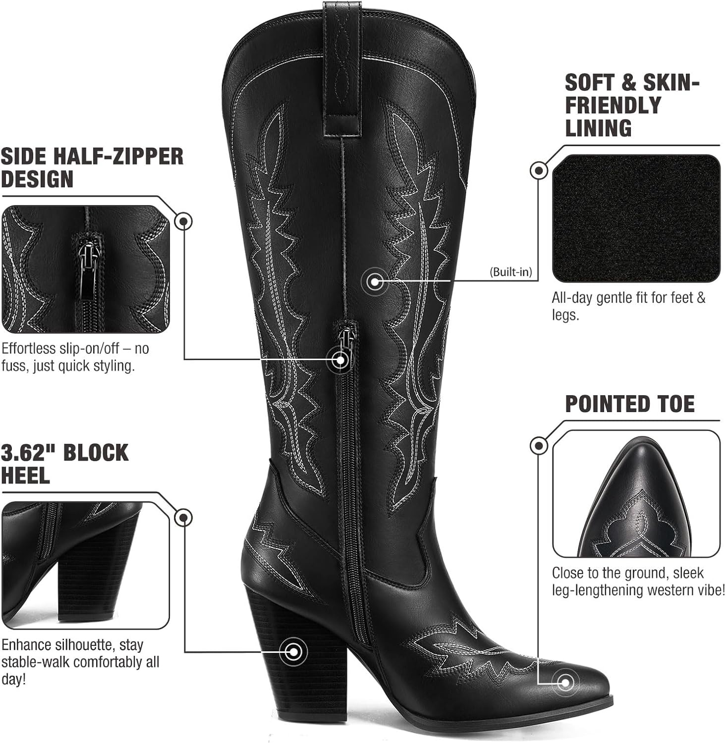 image:imageRollda Knee High Cowboy Boots for Women High Heel Cowgirl Boots Tall Chunky Heel Western Boots Pointed Toe with Side ZipperBlack