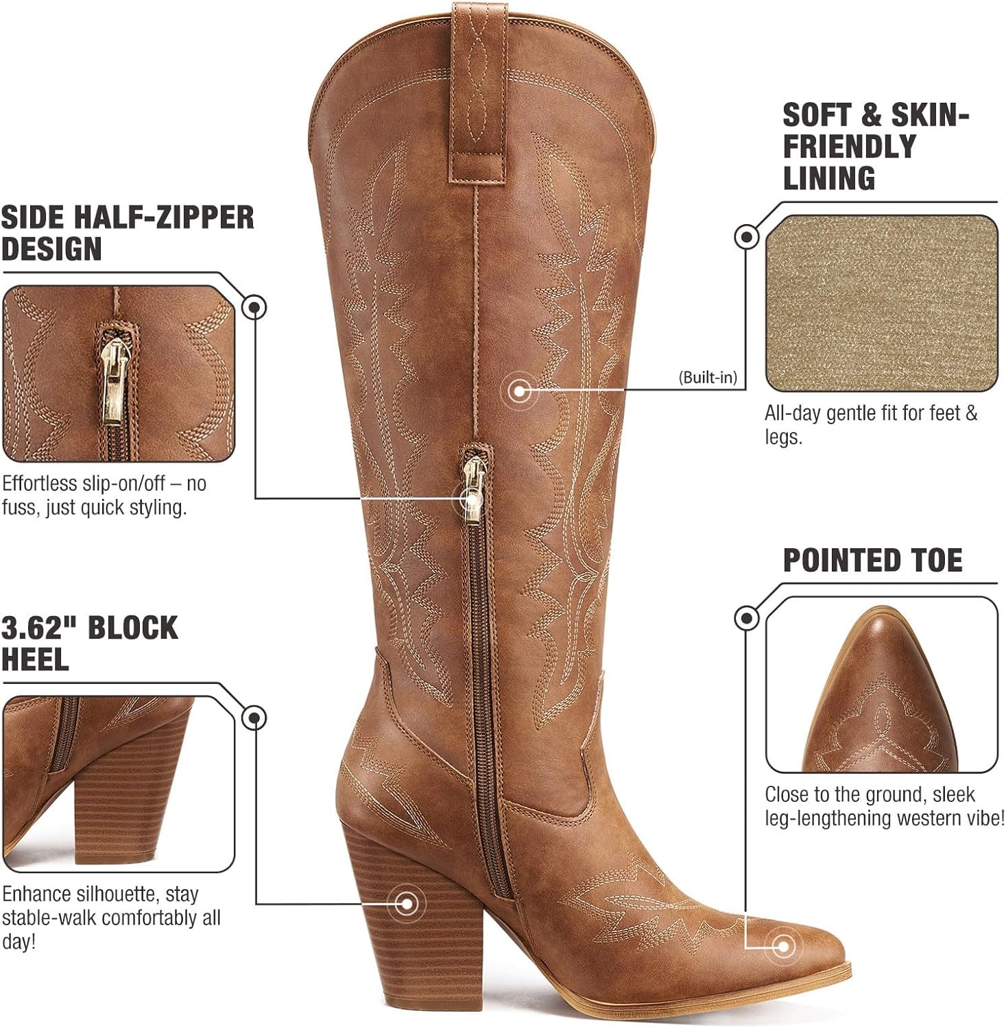 image:imageRollda Knee High Cowboy Boots for Women High Heel Cowgirl Boots Tall Chunky Heel Western Boots Pointed Toe with Side ZipperBrown