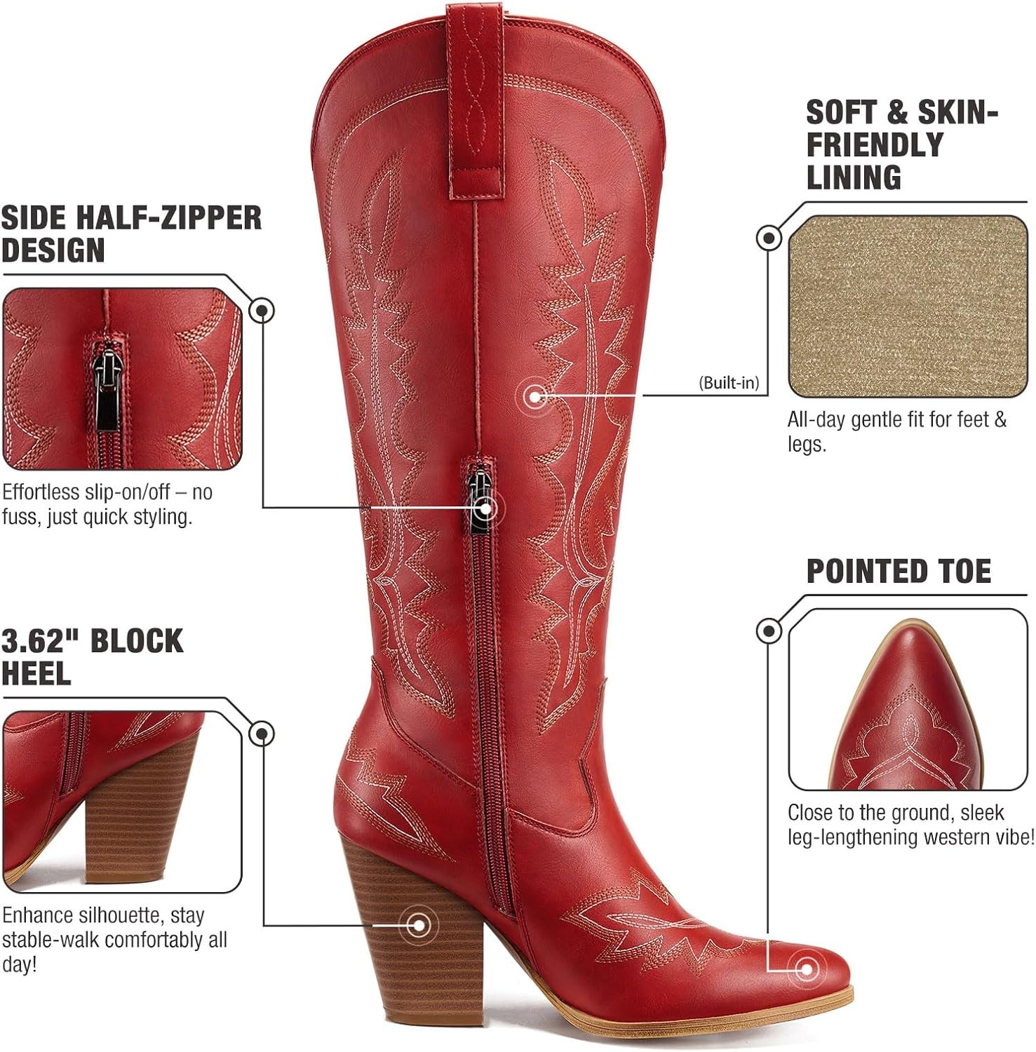 image:imageRollda Knee High Cowboy Boots for Women High Heel Cowgirl Boots Tall Chunky Heel Western Boots Pointed Toe with Side ZipperRed