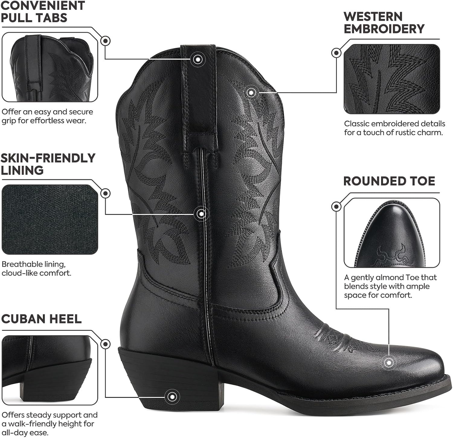 image:imageRollda Leather Cowboy Boots for Women Genuine Leather Womens Western Boots Mid Calf with Embroidery Cowgirl Boots Round Toe Cuban Heel Pull OnBlack