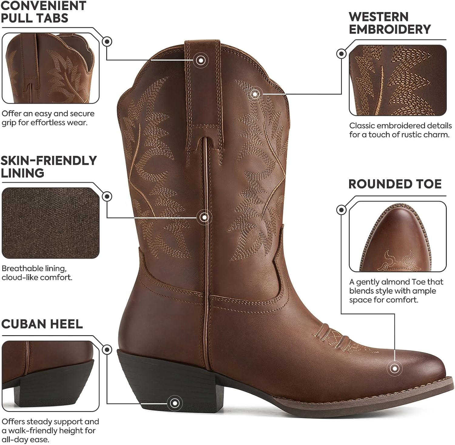 image:imageRollda Leather Cowboy Boots for Women Genuine Leather Womens Western Boots Mid Calf with Embroidery Cowgirl Boots Round Toe Cuban Heel Pull OnBrown