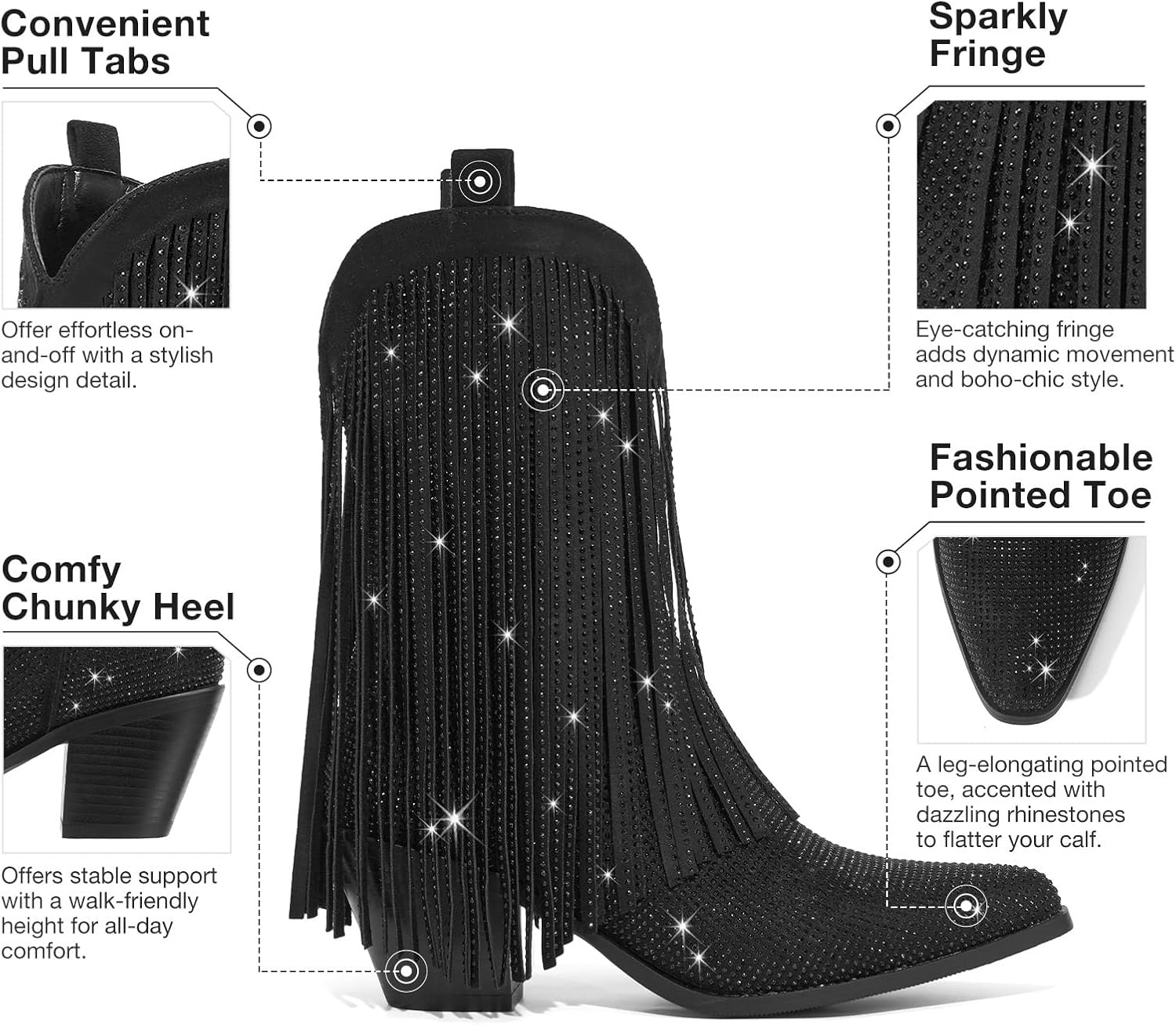 image:imageRollda Rhinestone Cowboy Boots for Women Sparkly Cowgirl Boots with Pointed Toe Fringe Womens Western Boots Chunky Heel for Concert Dancing Party Music FestivalsBlack