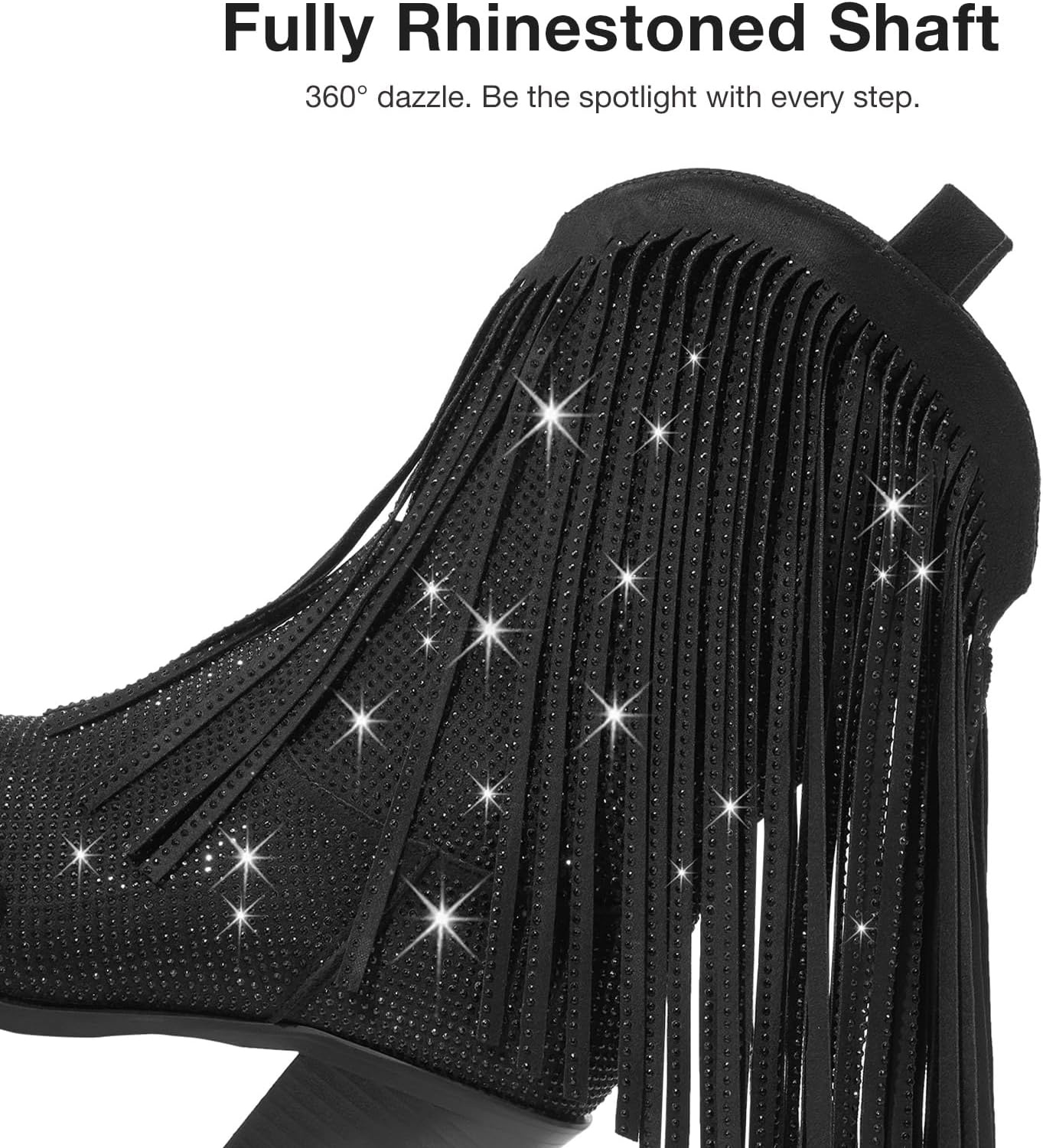 image:imageRollda Rhinestone Cowboy Boots for Women Sparkly Cowgirl Boots with Pointed Toe Fringe Womens Western Boots Chunky Heel for Concert Dancing Party Music FestivalsBlack