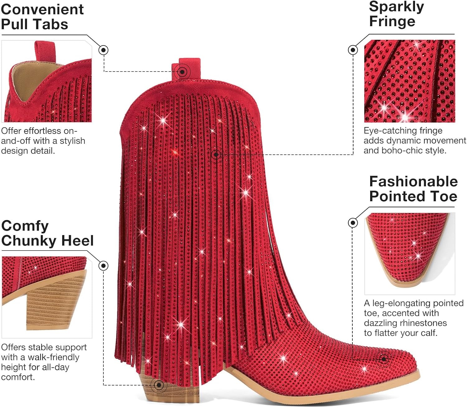 image:imageRollda Rhinestone Cowboy Boots for Women Sparkly Cowgirl Boots with Pointed Toe Fringe Womens Western Boots Chunky Heel for Concert Dancing Party Music FestivalsRed