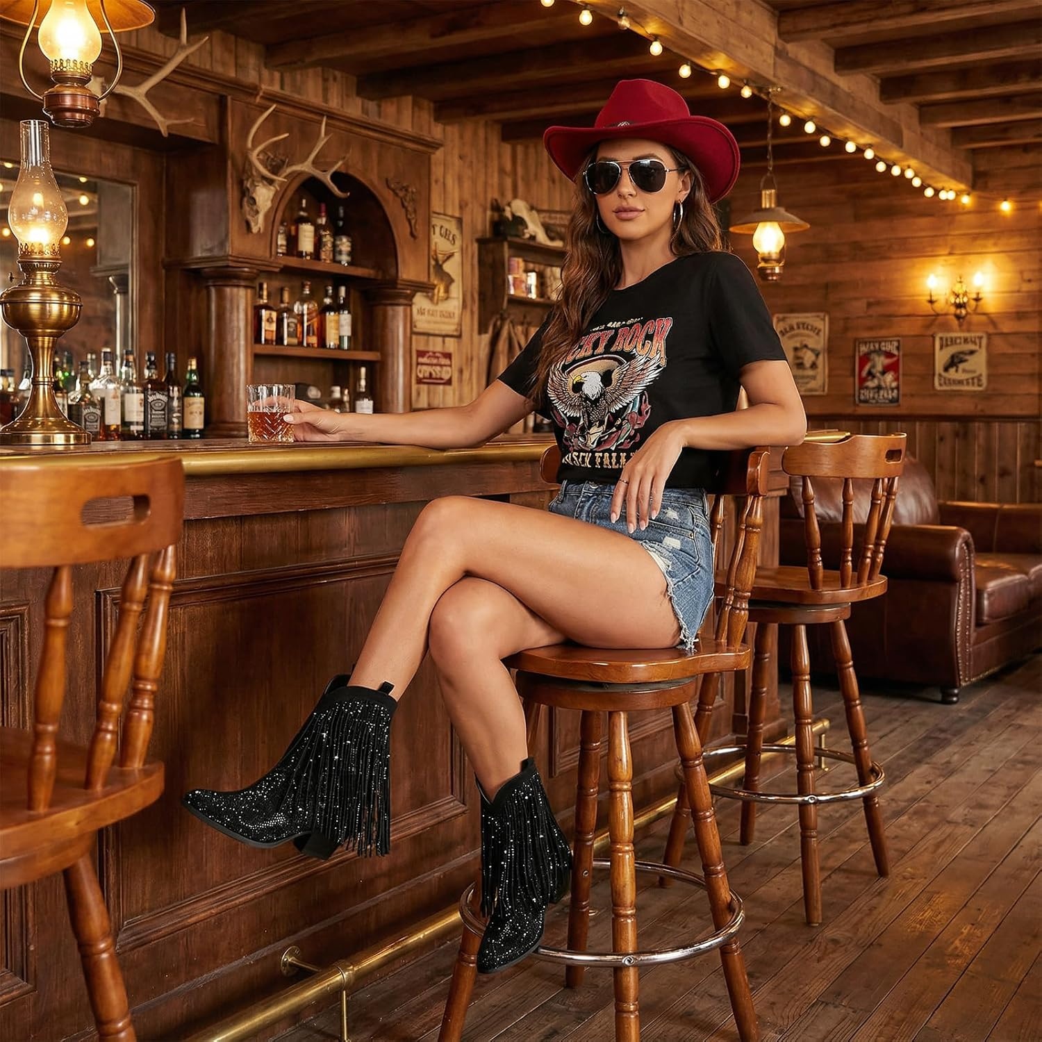image:imageRollda Rhinestone Cowboy Boots for Women Sparkly Cowgirl Boots with Pointed Toe Fringe Womens Western Boots Chunky Heel for Concert Dancing Party Music FestivalsBlack