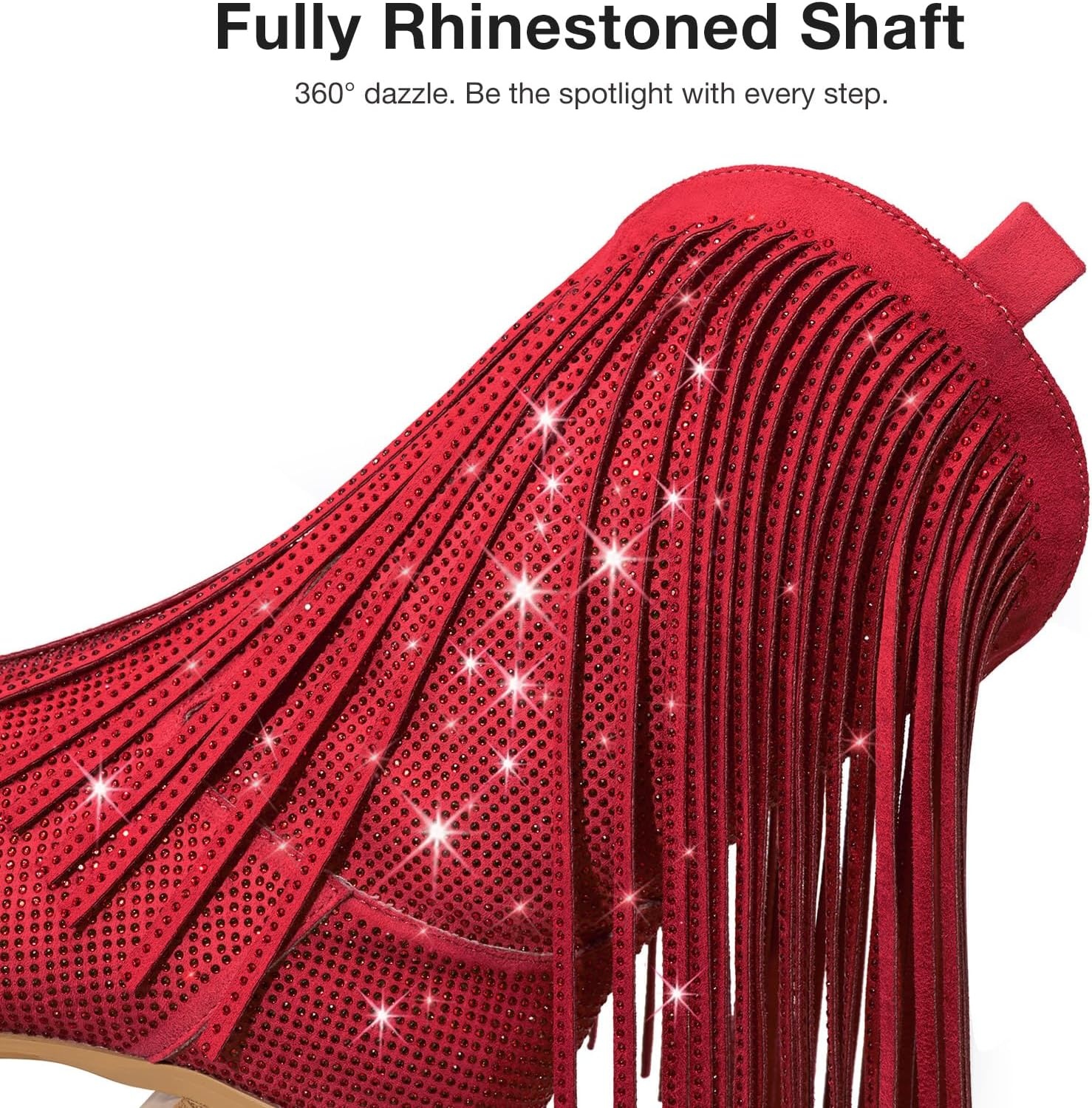 image:imageRollda Rhinestone Cowboy Boots for Women Sparkly Cowgirl Boots with Pointed Toe Fringe Womens Western Boots Chunky Heel for Concert Dancing Party Music FestivalsRed