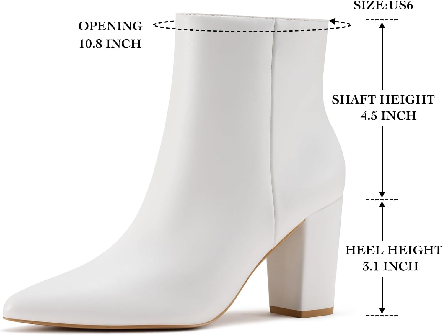 image:imageRollda SUEDI Womens Pointed Toe Ankle Boots Chunky High Heel Ankle Booties Side Zipper Short BootsWhite Pu