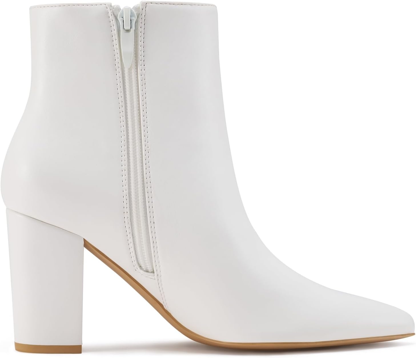 image:imageRollda SUEDI Womens Pointed Toe Ankle Boots Chunky High Heel Ankle Booties Side Zipper Short BootsWhite Pu
