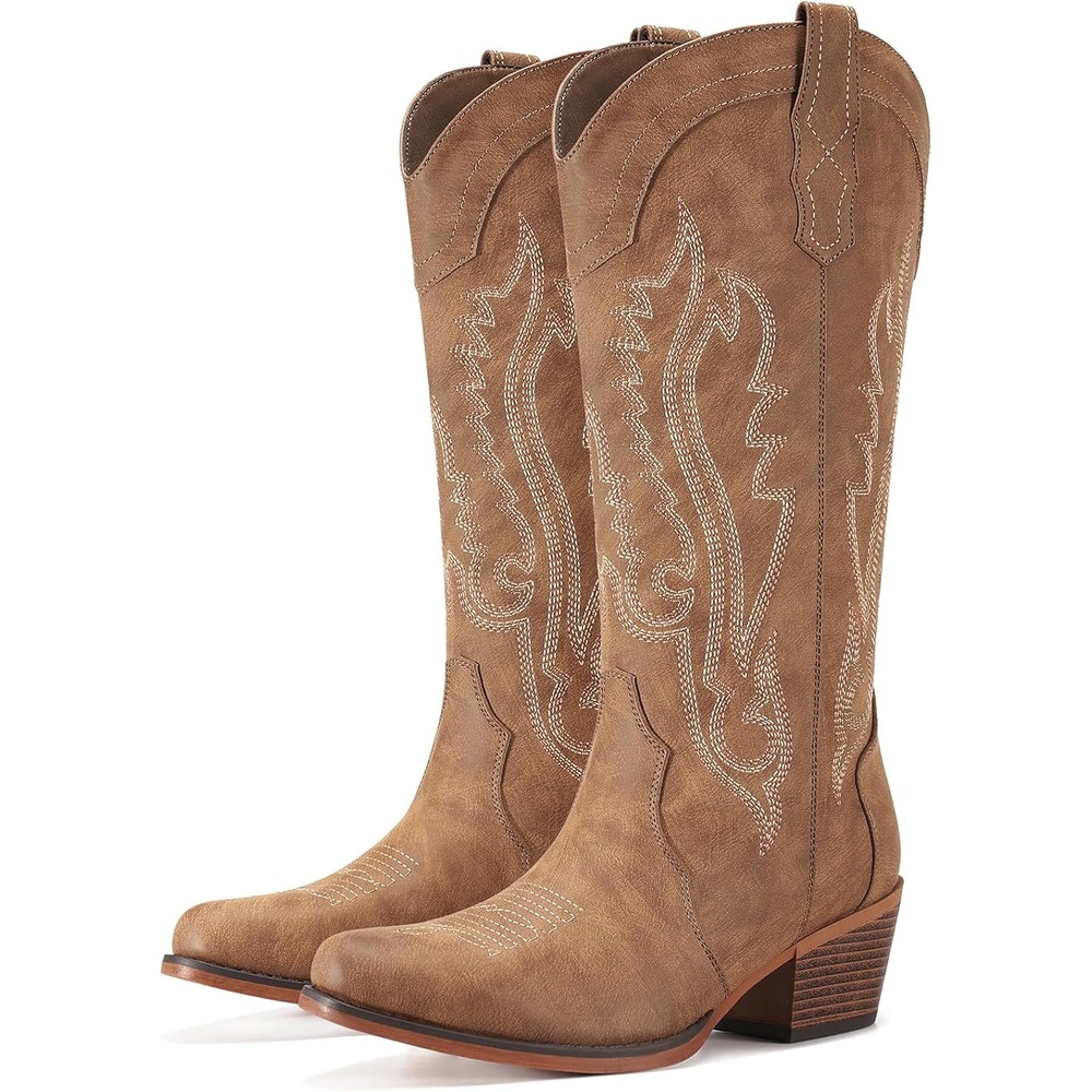 image:imageRollda Cowboy Boots for Women Cowgirl Boots Mid Calf Womens Western Boots Snip Toe with Chunky Heel for Ladies Pull On Side ZipperBrown